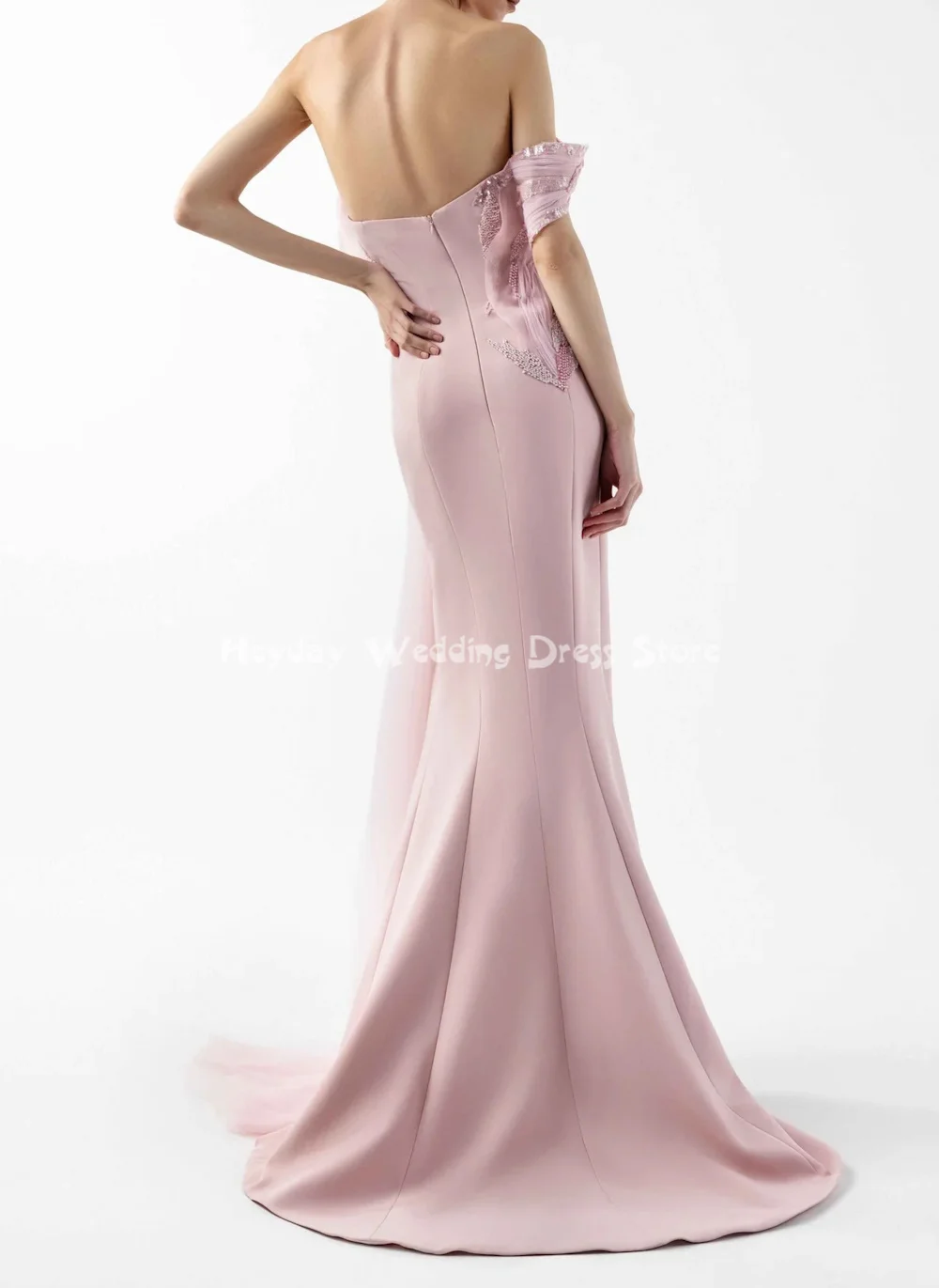 헤이데이 여성용 스트랩리스 비즈 장식 스플릿 머메이드 럭셔리 두바이 이브닝 드레스 짧은 소매 티어드 러플 우아한 드레스 2025