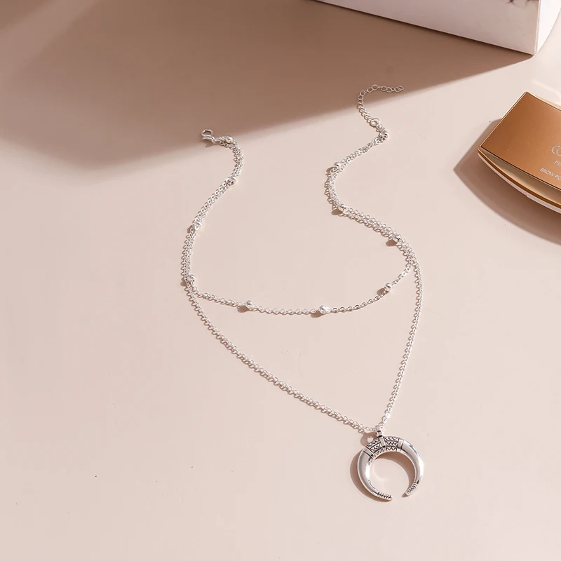 Aihua Mode Gold Farbe Doppel Schicht Mond Anhänger Halsketten für Frauen Luxus Design Glänzende Choker Halskette Schmuck Geschenke – Detail 6