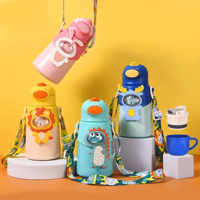 Carton Thermos Bottle for Kids Thermal Water Bottle Food Grade Stainless Steel Pot Belly Straw Cup with Strap Water Bottle