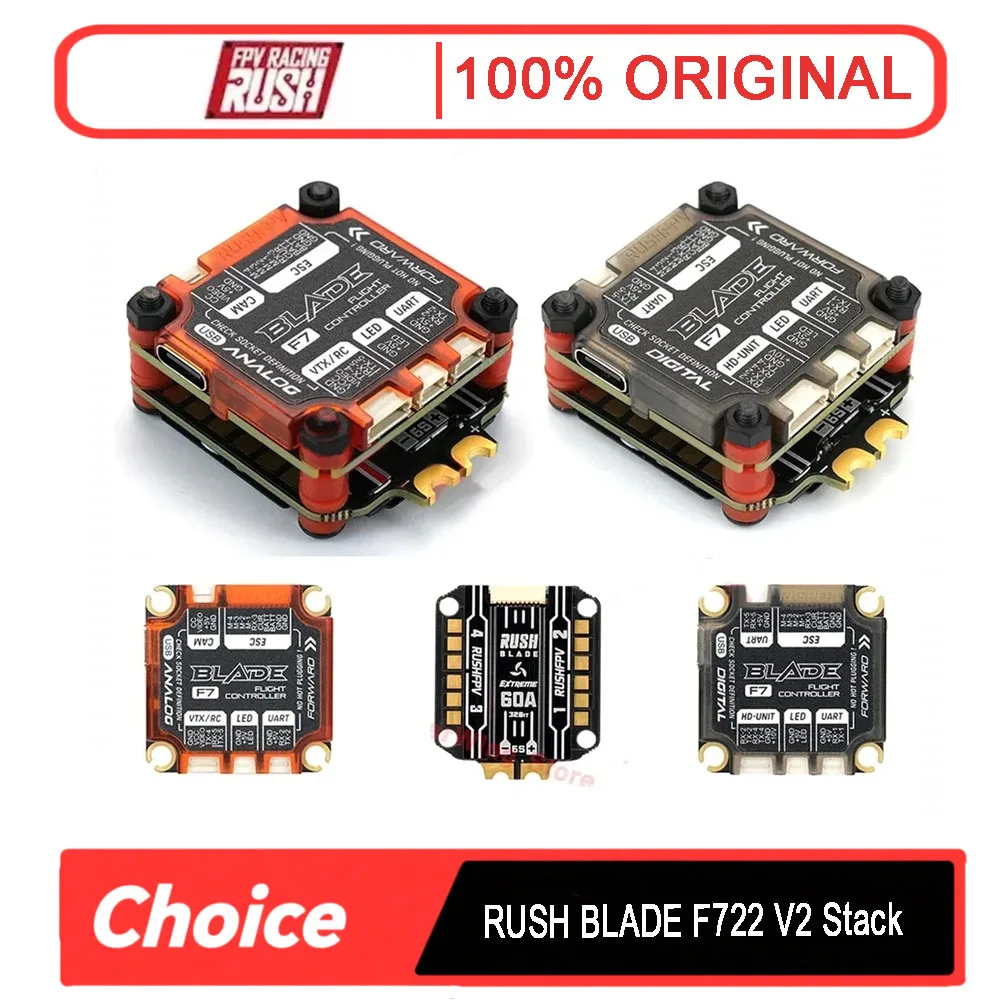 

RUSHFPV BLADE V2 F722 Flight Controller Stack - 60A 4-in-1 ESC, BLHELI_S AM32, Analog/Digital, 128K FPV Drone