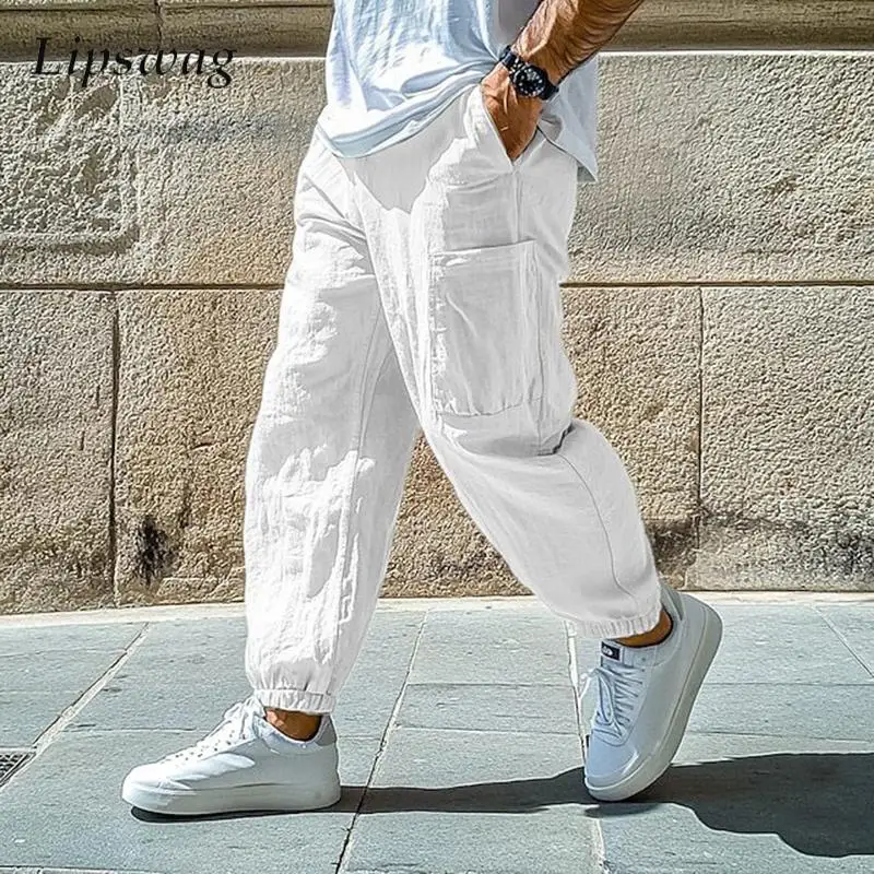 

Trendy Men's Solid Color Linen Pants Summer Vintage Elastic-ankle Cargo Pants For Mens Fall Fashion Loose Multi Pockets Trousers