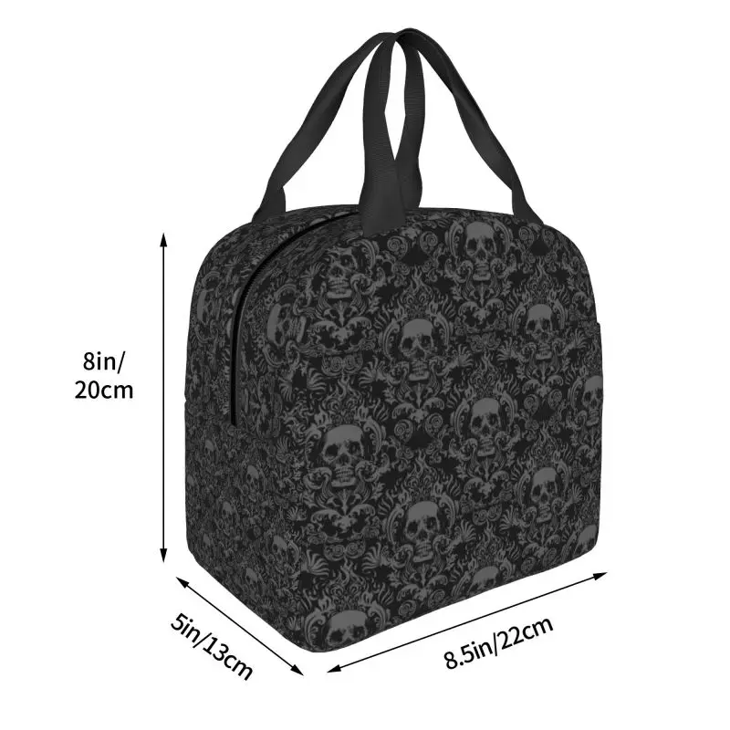 Custom Vintage Halloween Gothic Black Skull Damask Lunch Bag Portable Thermal Cooler Insulated Bento Box For Kids Food Tote Bags