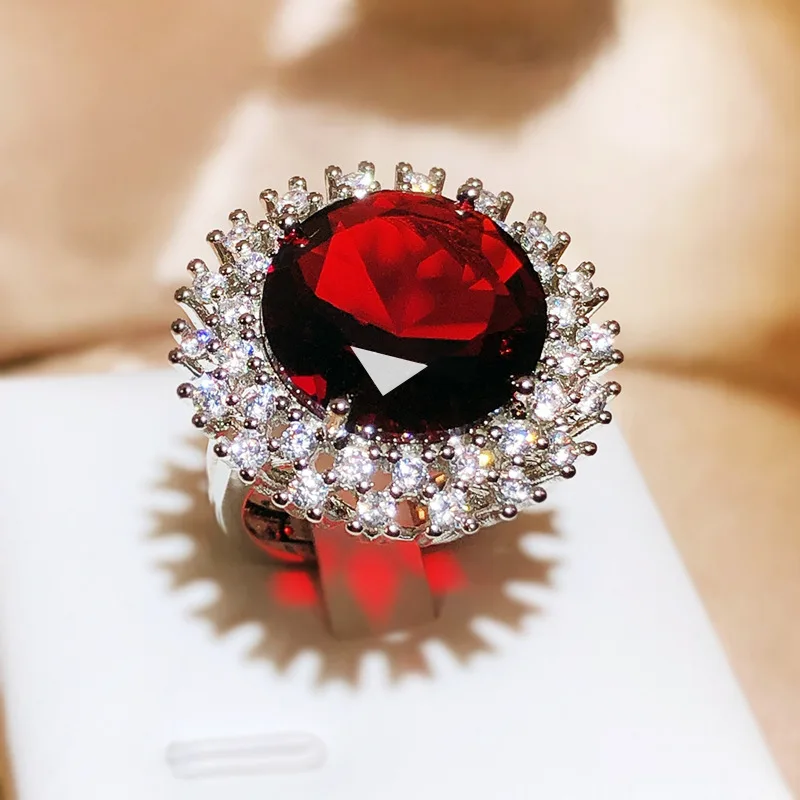 Red Round Gemstone Stone Ring For Women Elegant Engagement Wedding Ring Sterling Silver Color Austrian Crystals Fashion Jewelry