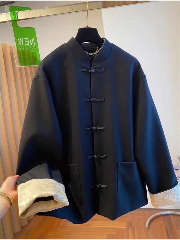 

Свободная повседневная рубашка с длинным рукавом в китайском стиле Тан, на пуговицах, с воротником-стойкой, большие размеры, унисекс, весна-осень