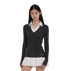 Fake Two Pieces Knitted Pleated Dress Women Y2K Fall/winter Korean Long-Sleeve Lapel Mini Dress Harajuku Casual A Line Vestidos
