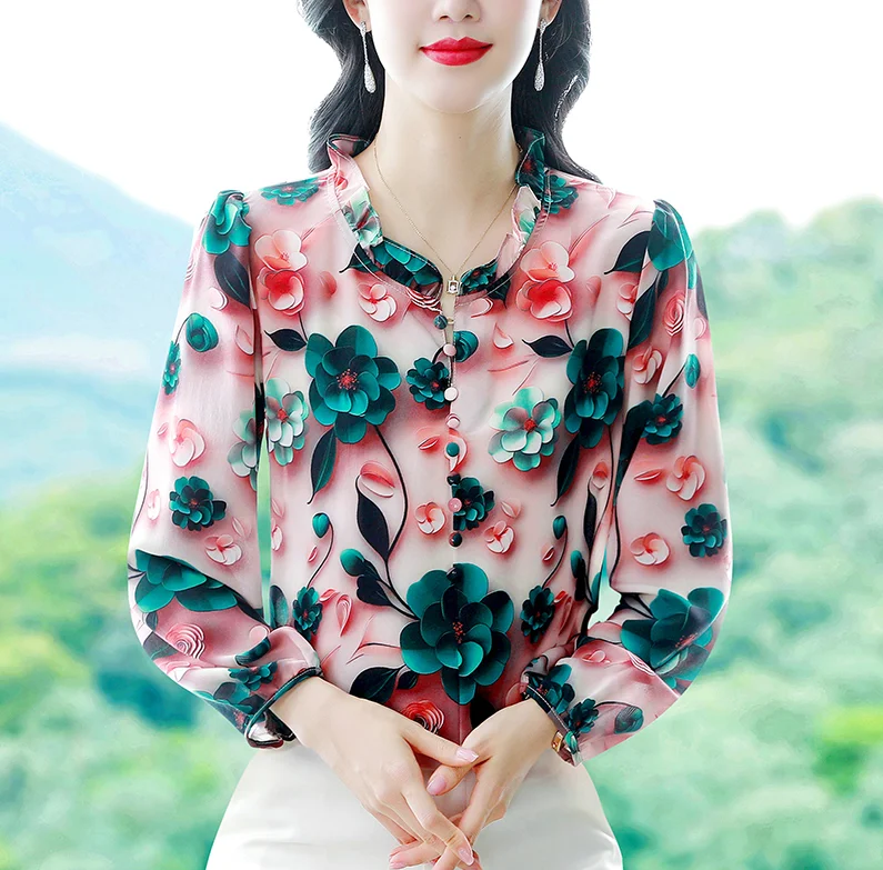 Elegant Fashion Silk Chiffon shirt 2024 Autumn Floral Printed Tops Ruffles Collar Long Sleeve Pullovers Blouse