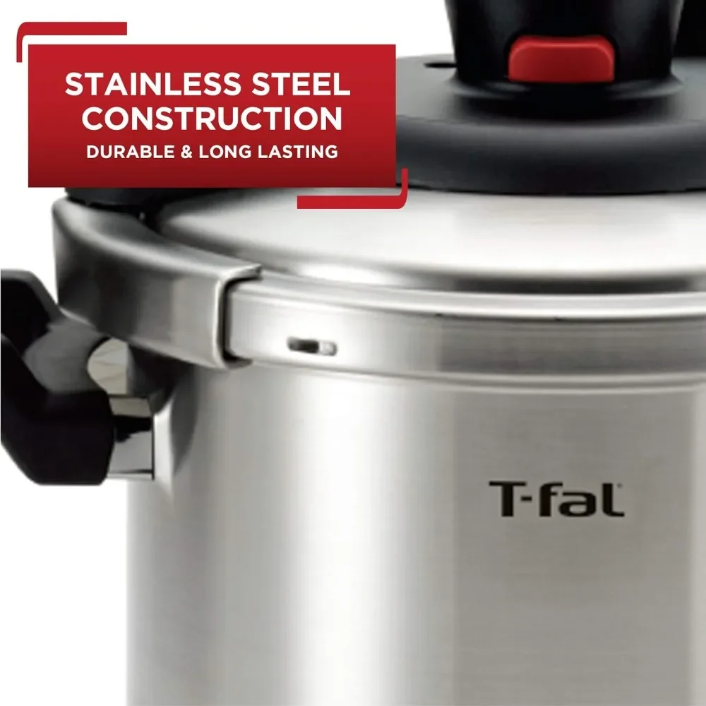 T-fal Clipso Stainless Steel Pressure Cooker 6.3 Quart, Induction , Secure locking System, One Hand System, Recipe Book Included