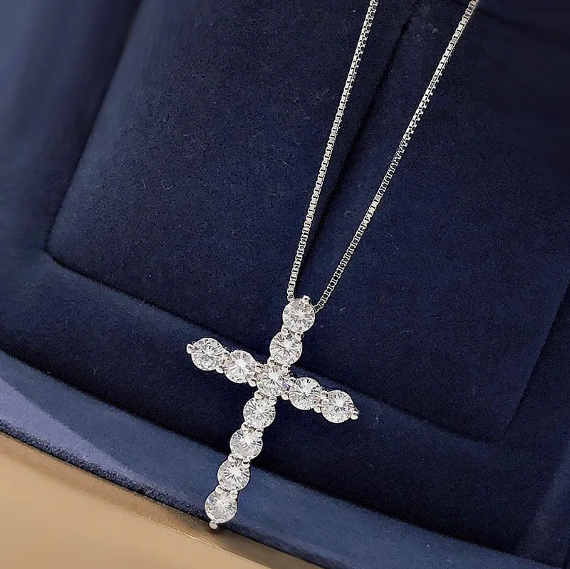 2023 New S925 Silver Christian Cross Set Diamond Pendant Necklace Accessories Birthday Holiday Gift Crucifix Religious Belief