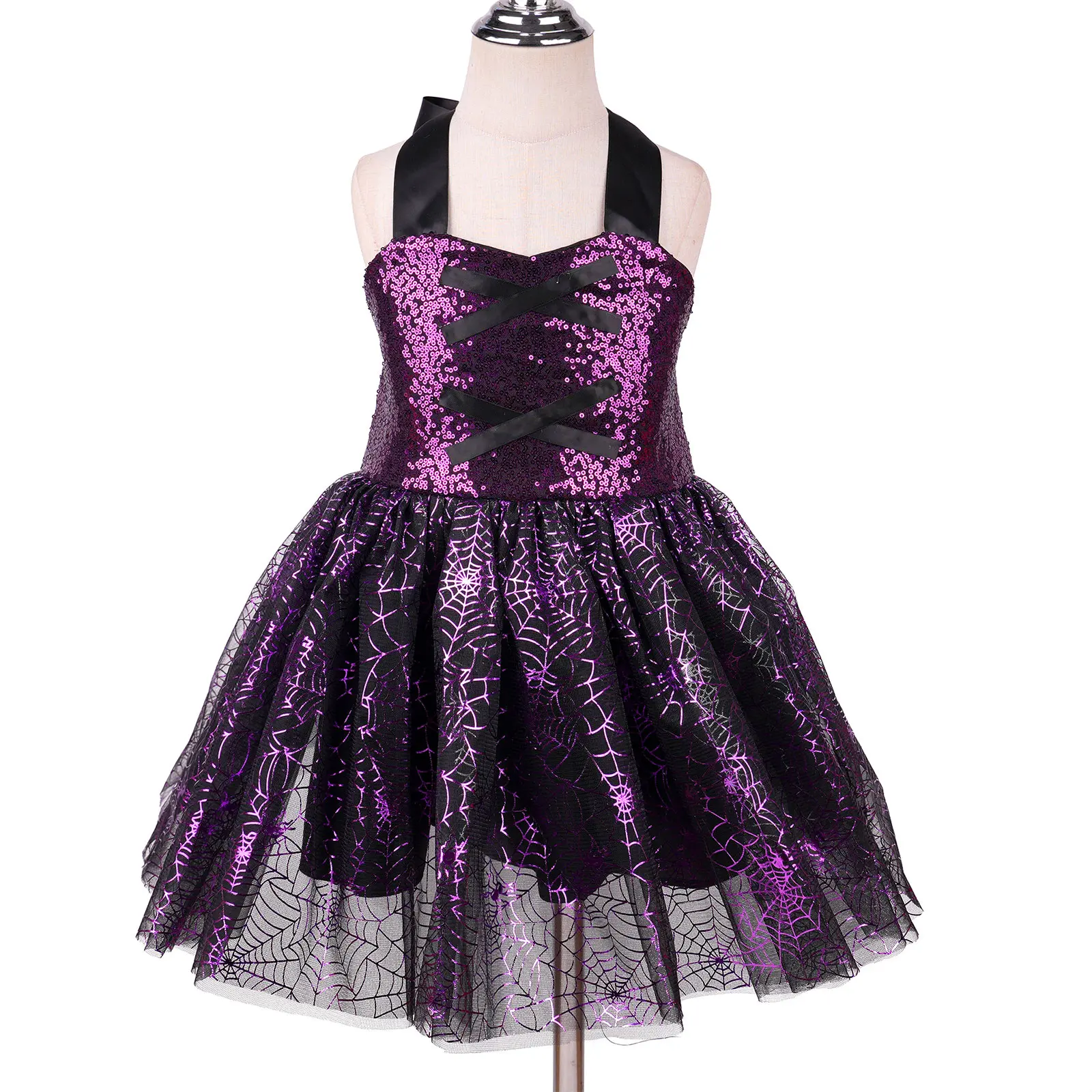 مجموعة ملابس تنكرية للفتيات مكونة من 3 قطع فستان منتفخ مزين بالترتر اللامع مع قبعة ساحرة ومكنسة لكرنفال الهالوين