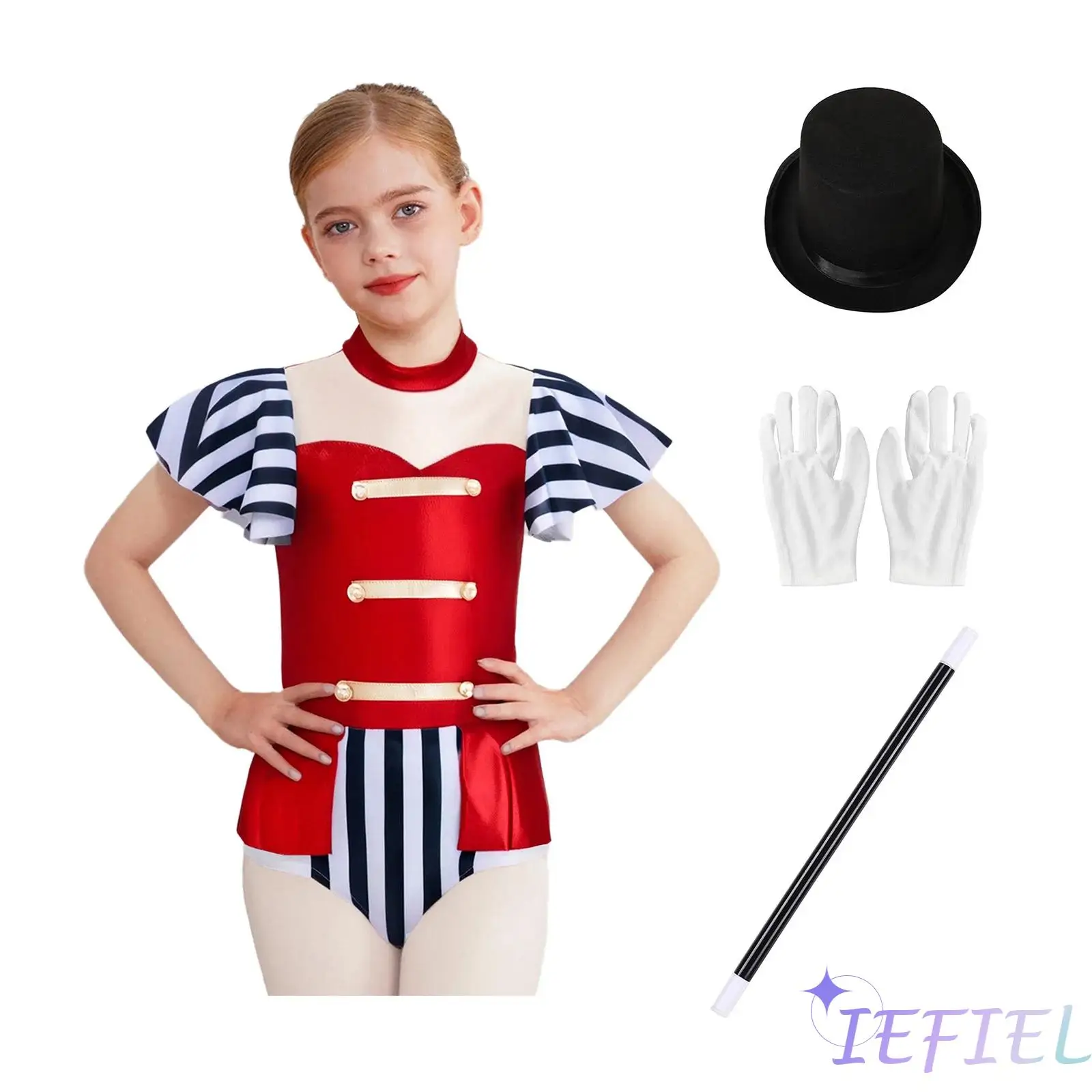 

Girls 4Pcs Circus Ringmaster Costume Metallic Gloss Patchwork Mock Neck Short Sleeve Jumpsuit And Matched Hat Gloves Magic Wand