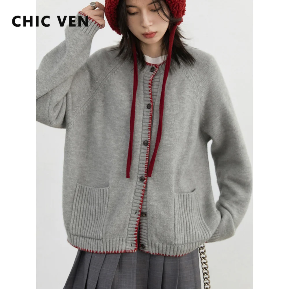 

CHIC VEN Women Cardigans Korean Loose Contrast Design Knitted Tops White Cardigan Female Clothing Autumn Winter New 2025