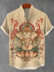 Retro men's new divine elephant print pattern casual short sleeved shirt, high-quality linen comfortable material top