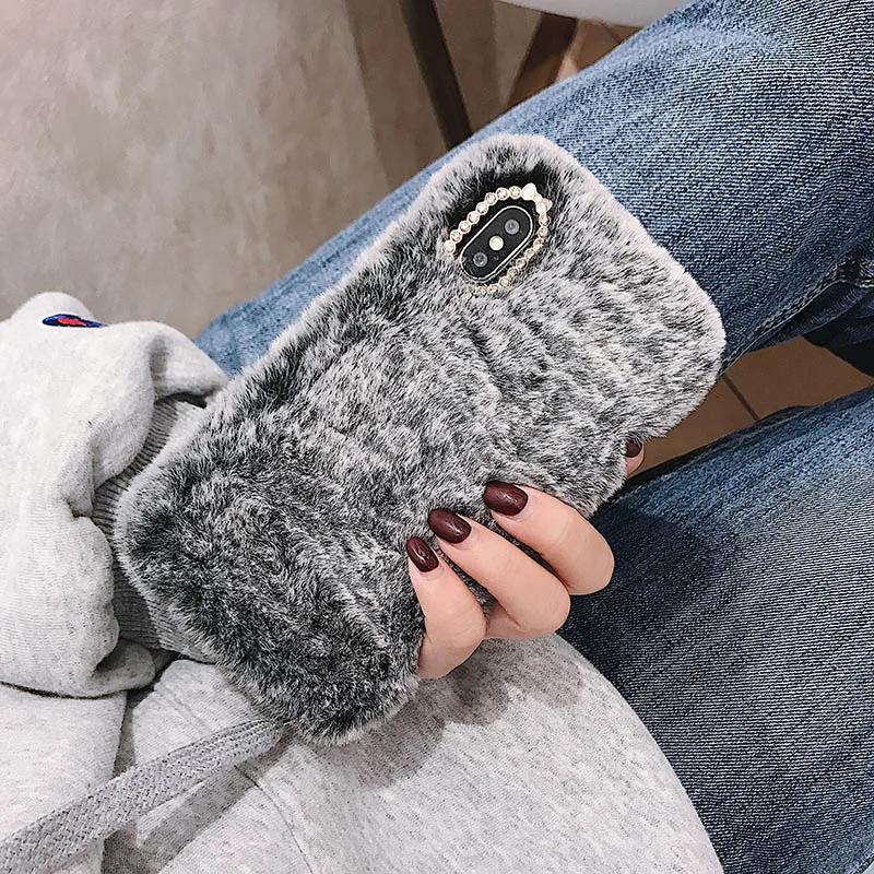 Cute Winter Warm Fluffy Fur Plush Case For iPhone 12 14 Pro Max 11 13 PRO X XS XR SE 2 8 7 6 Plus 5 4 Luxury Glitter Phone Cover