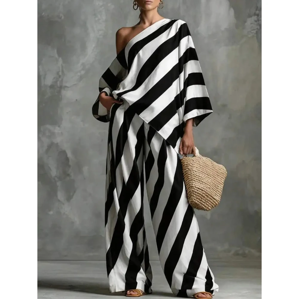 2-Pcs Women's Black And White Striped Off-Shoulder Top + Wide Leg Pants Set, Oversized Asymmetrical Two-Piece Outfit, Elegant Re