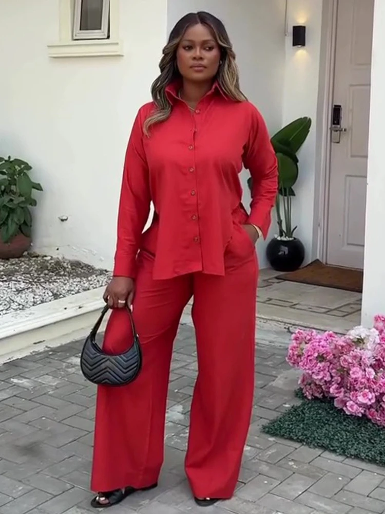 

Pant Set Women Two Piece Sets Turn Down Collar Matching Sets Shirt Tops Casual Loose Wide Leg Long Pants Elastic Waist 2026