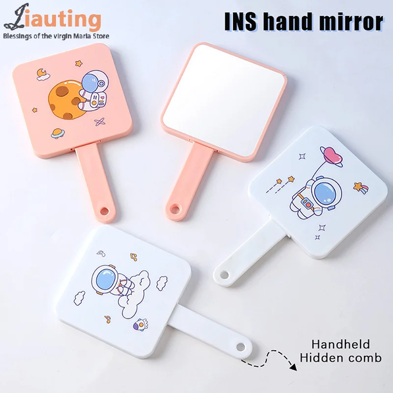 1Pcs Portable Makeup Mirror With Pull-out Type Comb For Girl Gift Makeup Tools Travel Cute Cartoon Astronaut  ﻿