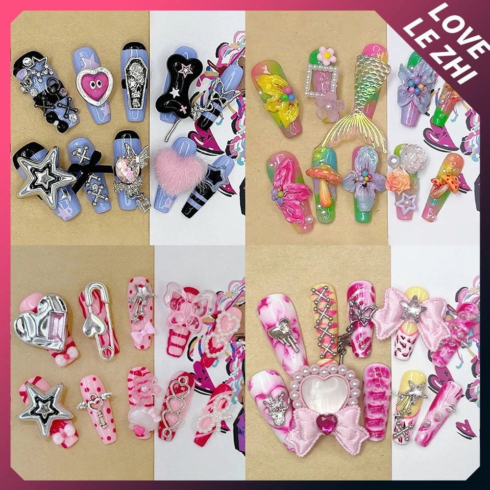 

Handmade Y2K Cartoon Long Coffin Fake Nails Spicy Girl 3D Flowers Five-Pointed Star Bowknot Pearl Diamond Detachable Fake Nails