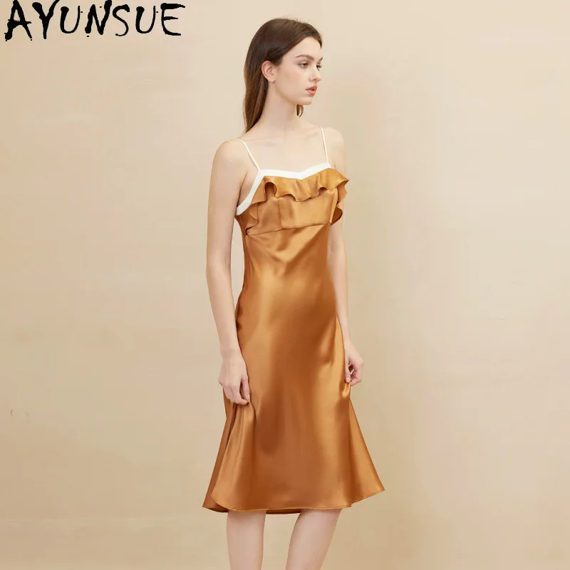 AYUNSUE 19MM 100% Real Mulberry Silk Sexy Sleepwear Night Dress for Women Summer Womens Clothes Back Hollow Out Пижама Женская
