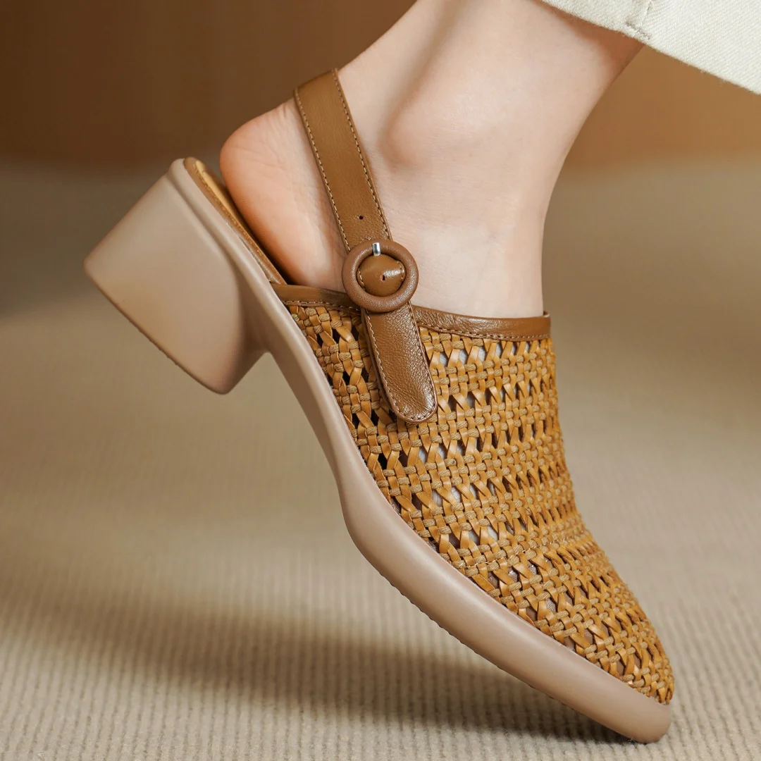 

danxuefei women's sheepskin braided PU leather patchwork round toe slingback breathable sandals 5cm round med heel heels shoes