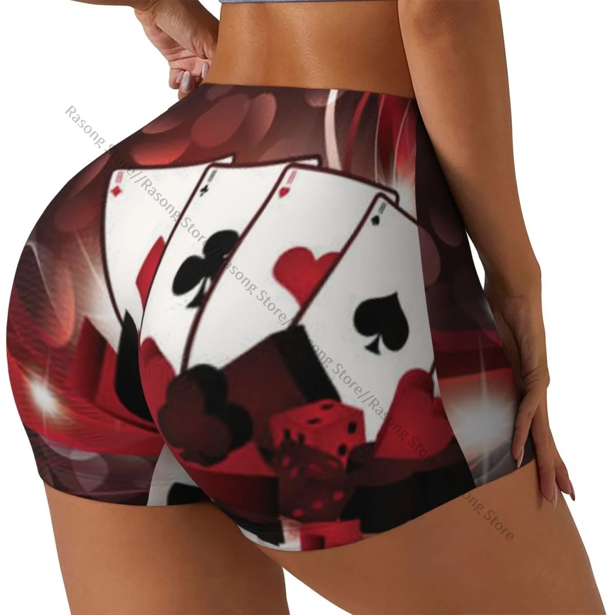 

Короткие эластичные шорты с эффектом пуш-ап для казино с покерными картами, шорты для бега, спортивные шорты, женская одежда, тренажерный зал