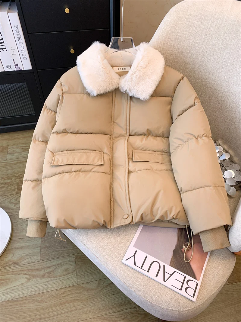 Women\'s Winter Plush Collar Long Sleeve Cotton Jacket Korean 2000s Style Harajuku College Retro Warm Bread Coat Fashion Clothing