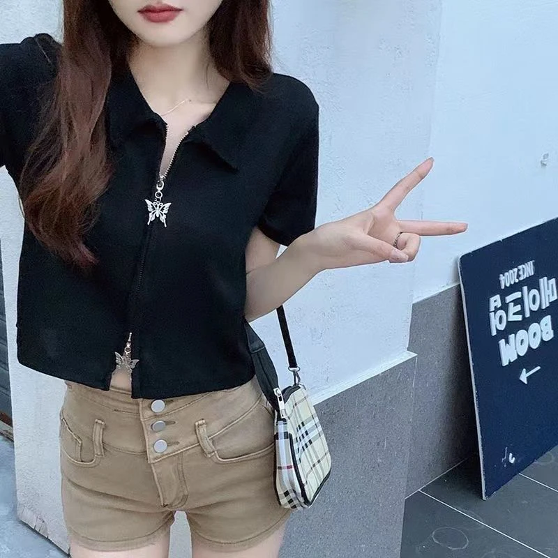 Bow Double Zipper T Shirt Women Korean Slim Fit Y2K Black Turn Down Collar Short Sleeve shirt Summer Fashion Sweet Chic Crop Top