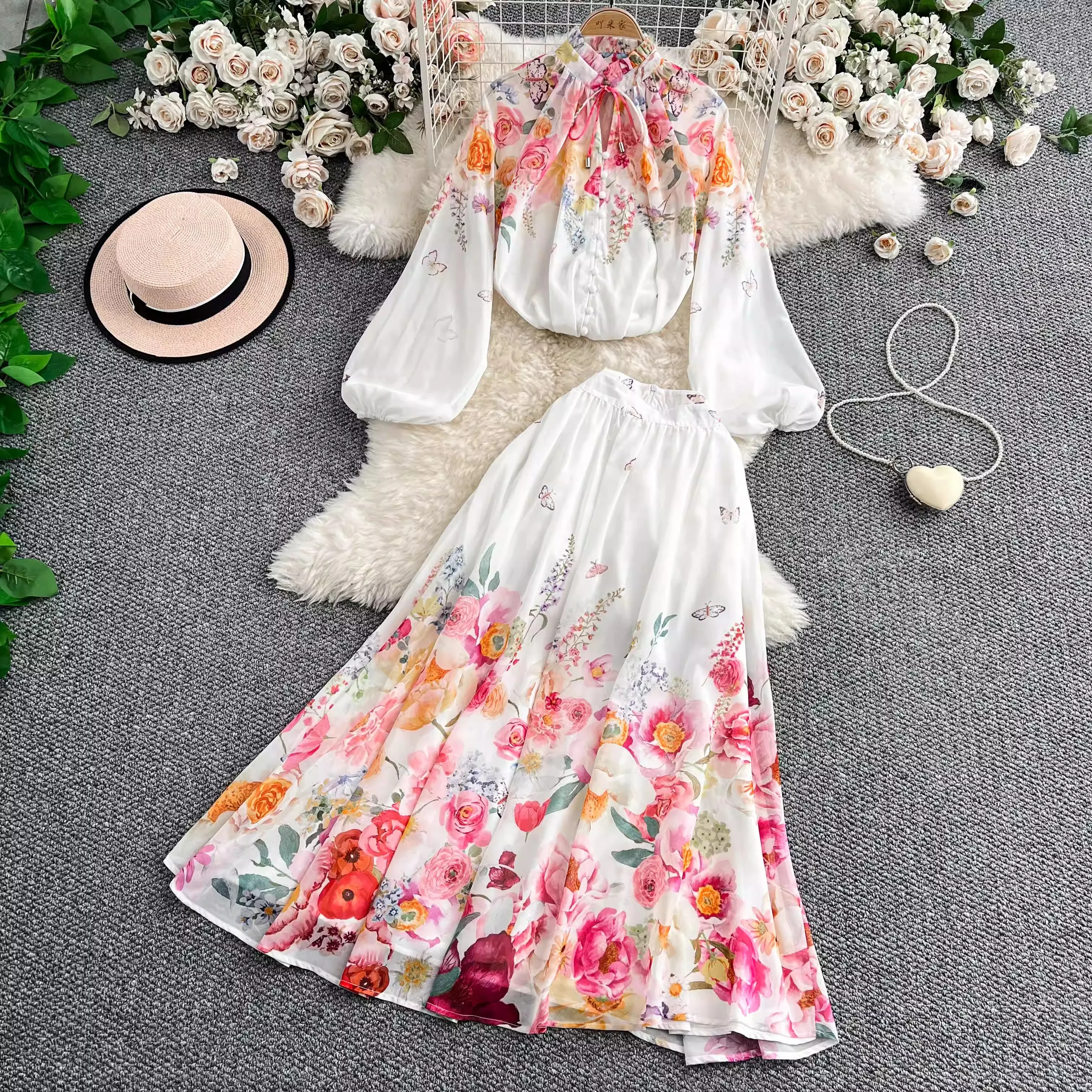 

Fashion Print Two Pieces Skirt Suit Women's Bow Stand Lantern Sleeve Slim Tops + Zipper Pleated Skirt Vacation Casual 2pcs Sets