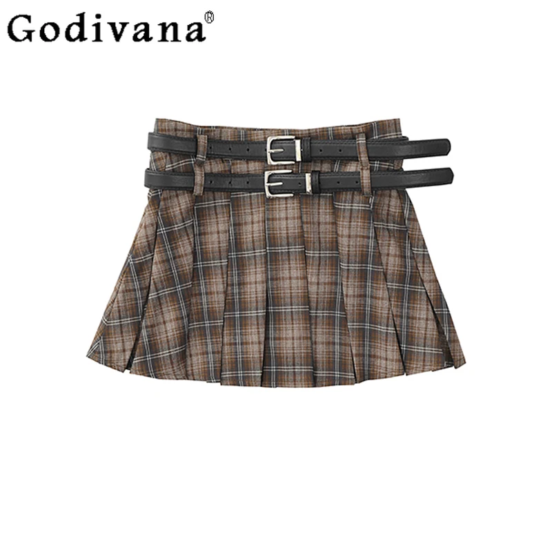 

Autumn New Korean Lace-up College Retro Plaid Short Skirts Women High Waist A-line Versatile Age-reducing Plaid Jk Pleated Skirt