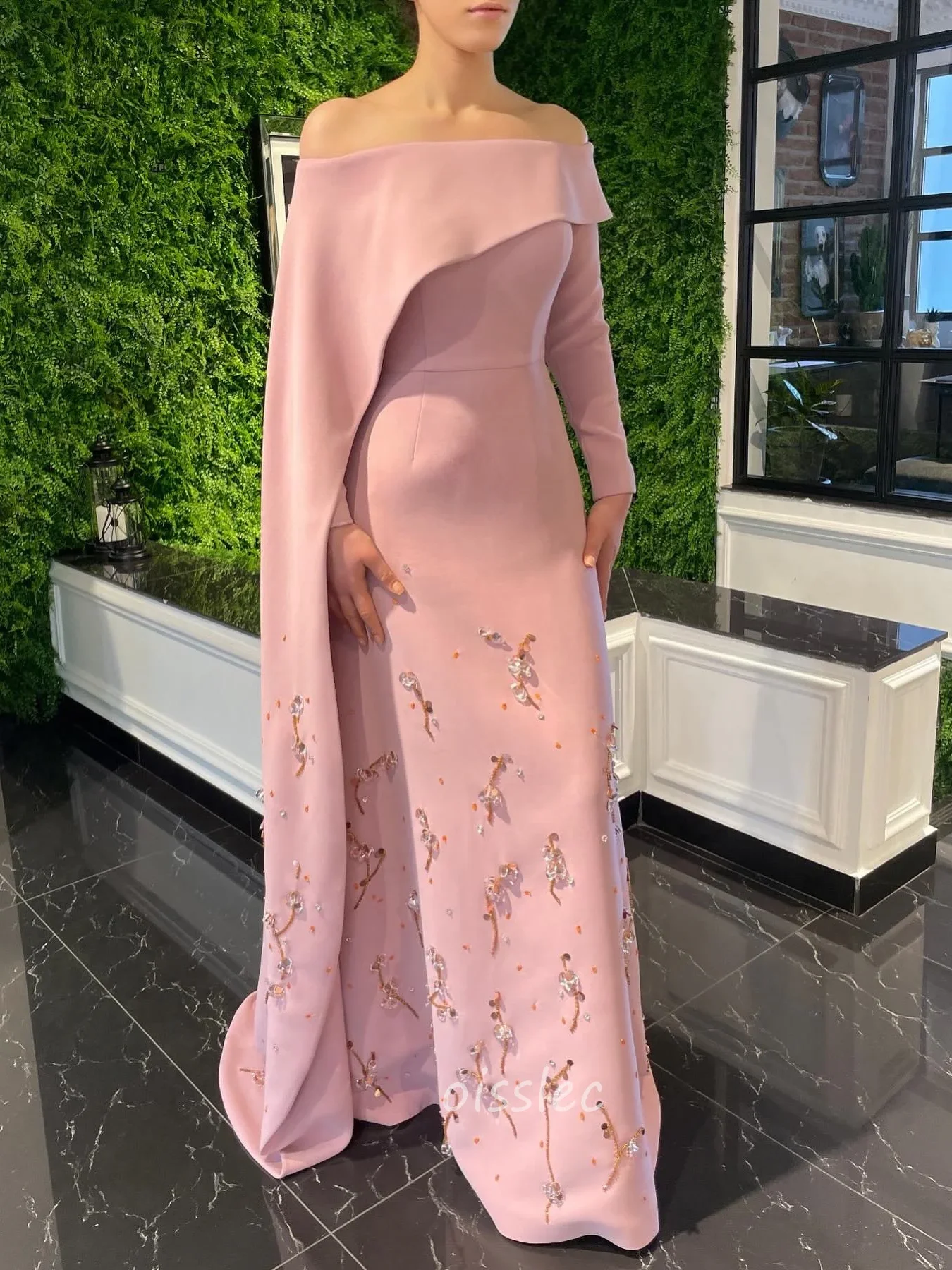 Oisslec Prom Dresses Pink Boat Neck Beaded Party Dress Floor Length Long Sleeve Formal Evening Gowns فساتين حفلة موسيقية