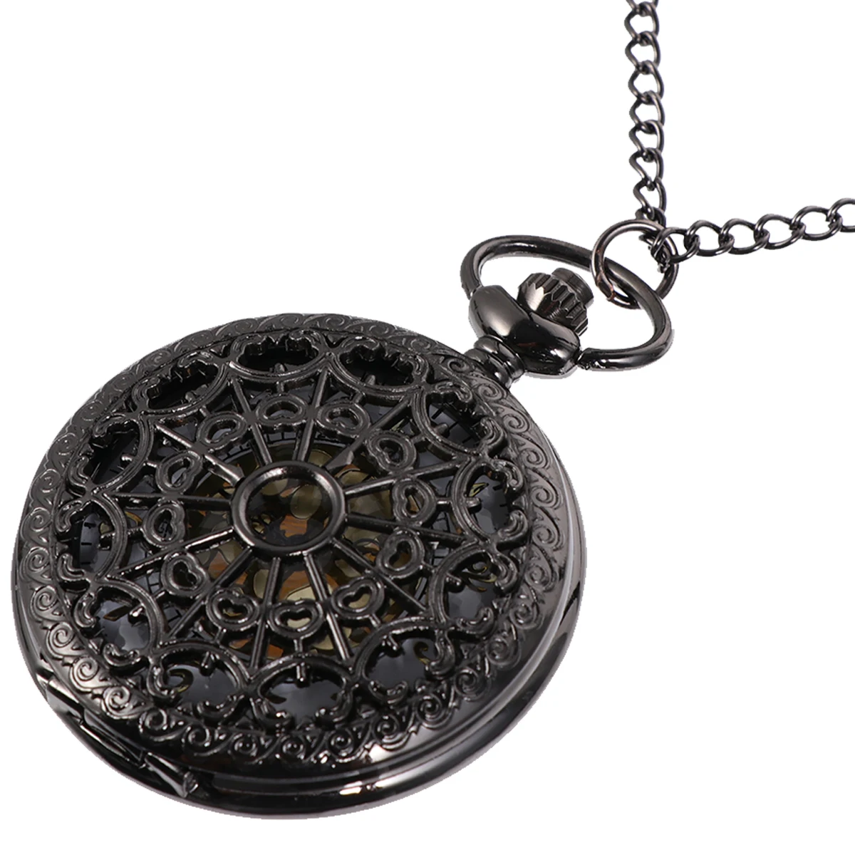 

Hollow Pocket With Chain Pocket Watch Gift Black Durable Alloy Case Clear Lens Press Crown Thin Chain Small Size
