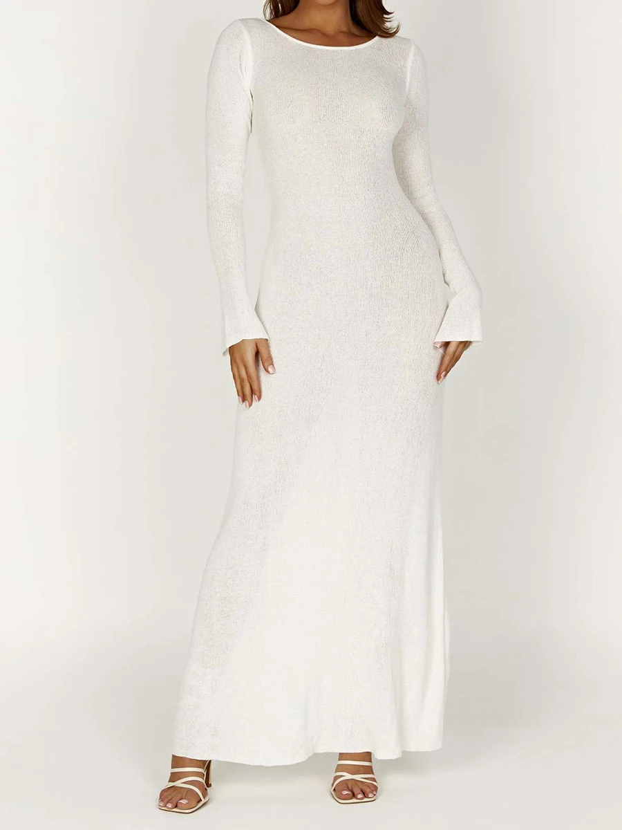 

Sexy White Knitted Long Dresses Women Scoop Neck Long Sleeve Backless Bandage Maxi Dress Summer Holiday Elegant A-line Vestidos