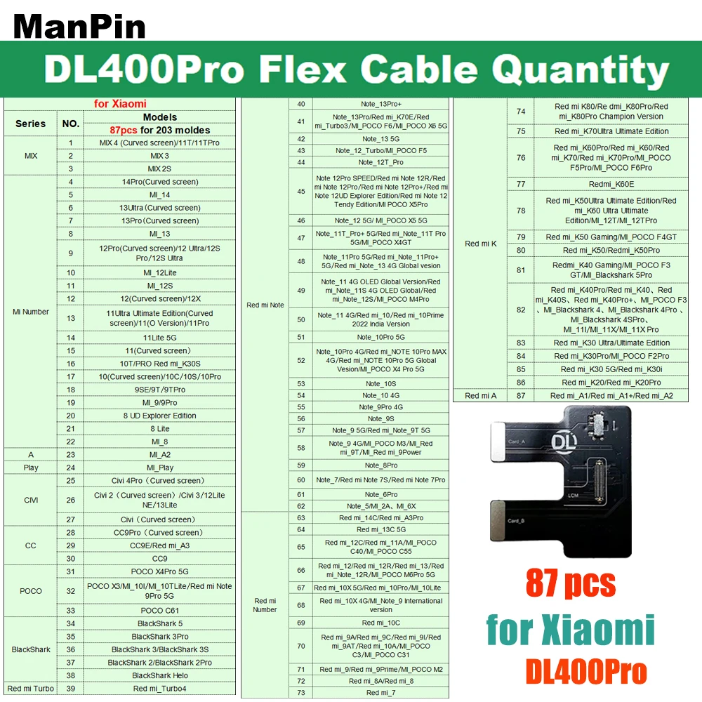 

DL400Pro Tester Flex Cable For Xiaomi Redmi Note MI Blackshark A K Series Smart Screen Display Touch Current Testing Repair Tool