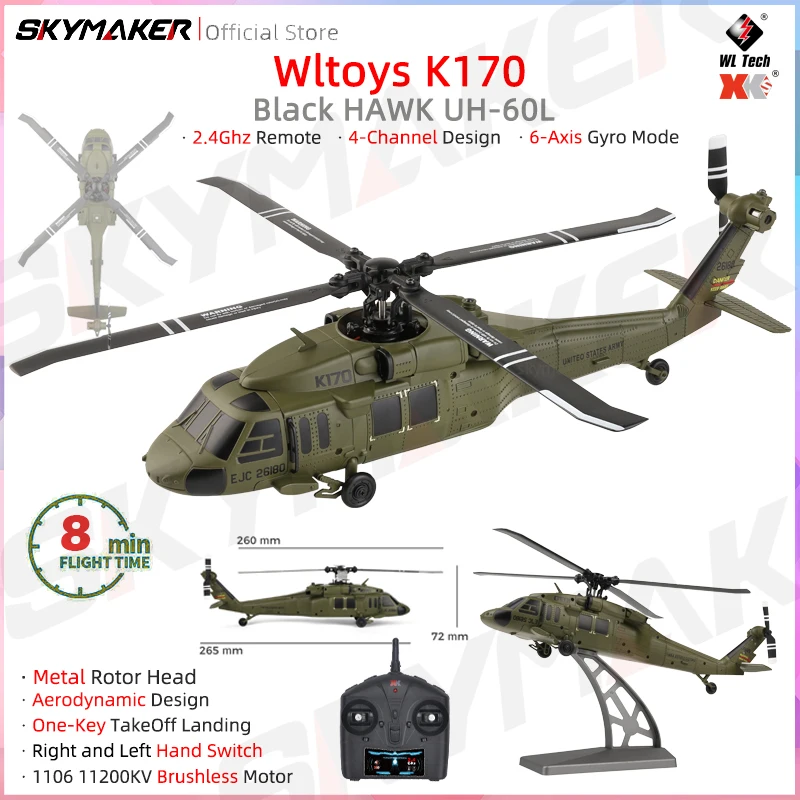 WLtoys Helicópteros RC Motor Brushless k170 UH-60L 2.4 Ghz 4CH 6-Aixs Giroscópio Hélicor de Lâmina Única Giroscópio Rc Brinquedos para Crianças