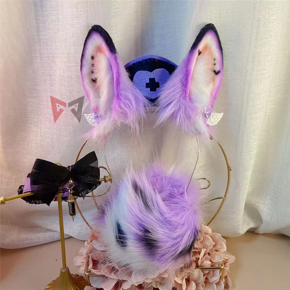 

MMGG Handmade Work Purple Bunny Rabbit Ears Hairhoop Nurse Hat Tail Necklace Earrings Cosplay Lolita Acessories Headwear