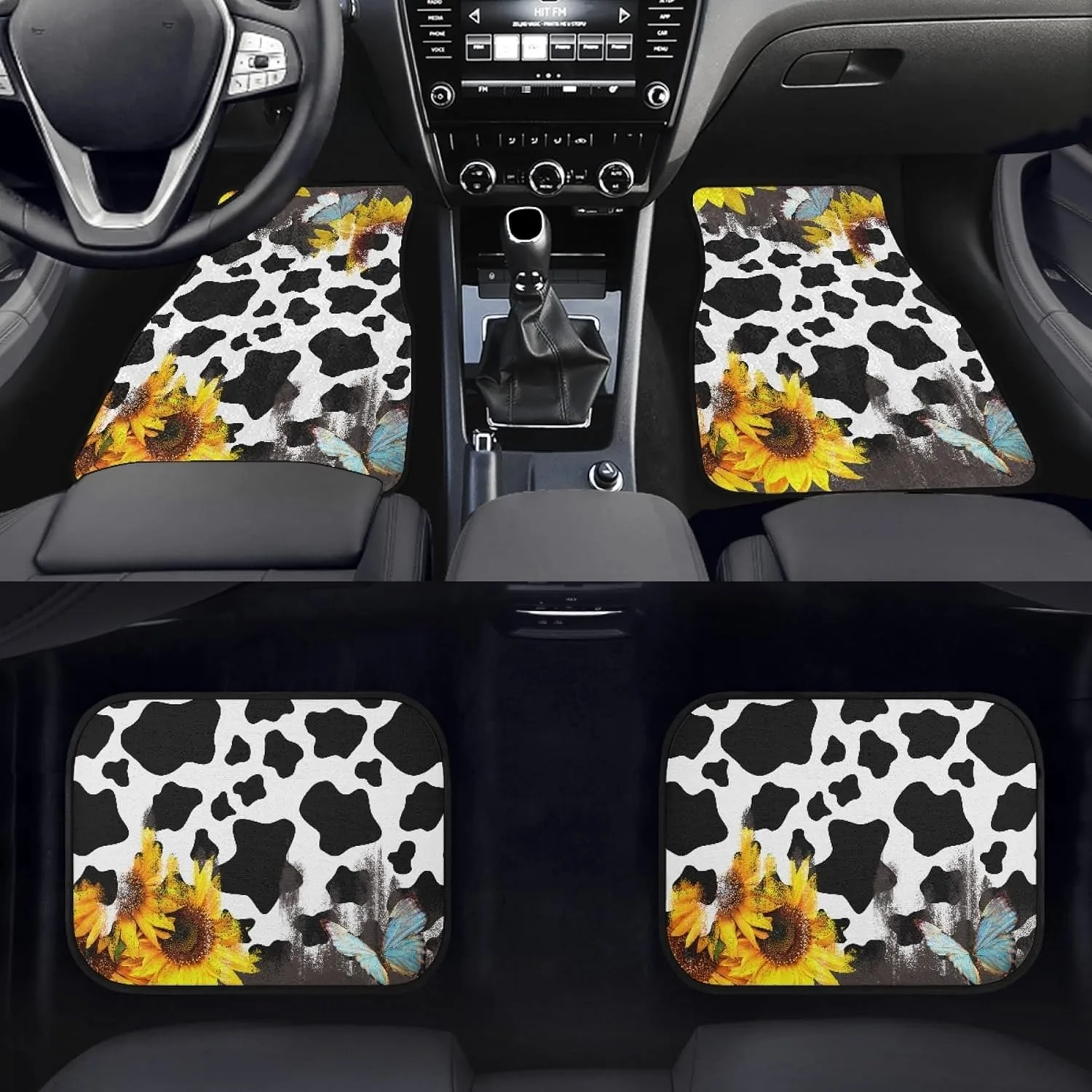Universal Car Floor Mats Featuring Sunflower And Butterfly Designs On A Rustic Cowhide Texture, Available As A Complete Set For