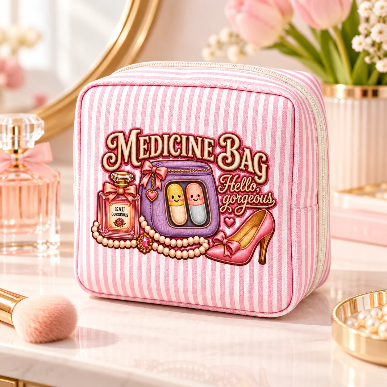Pink Stripe Printed Cosmetic Bag Cute Medicine Pouch Travel Makeup Organizer Women Toiletry Storage Bag Portable Beauty Pouch