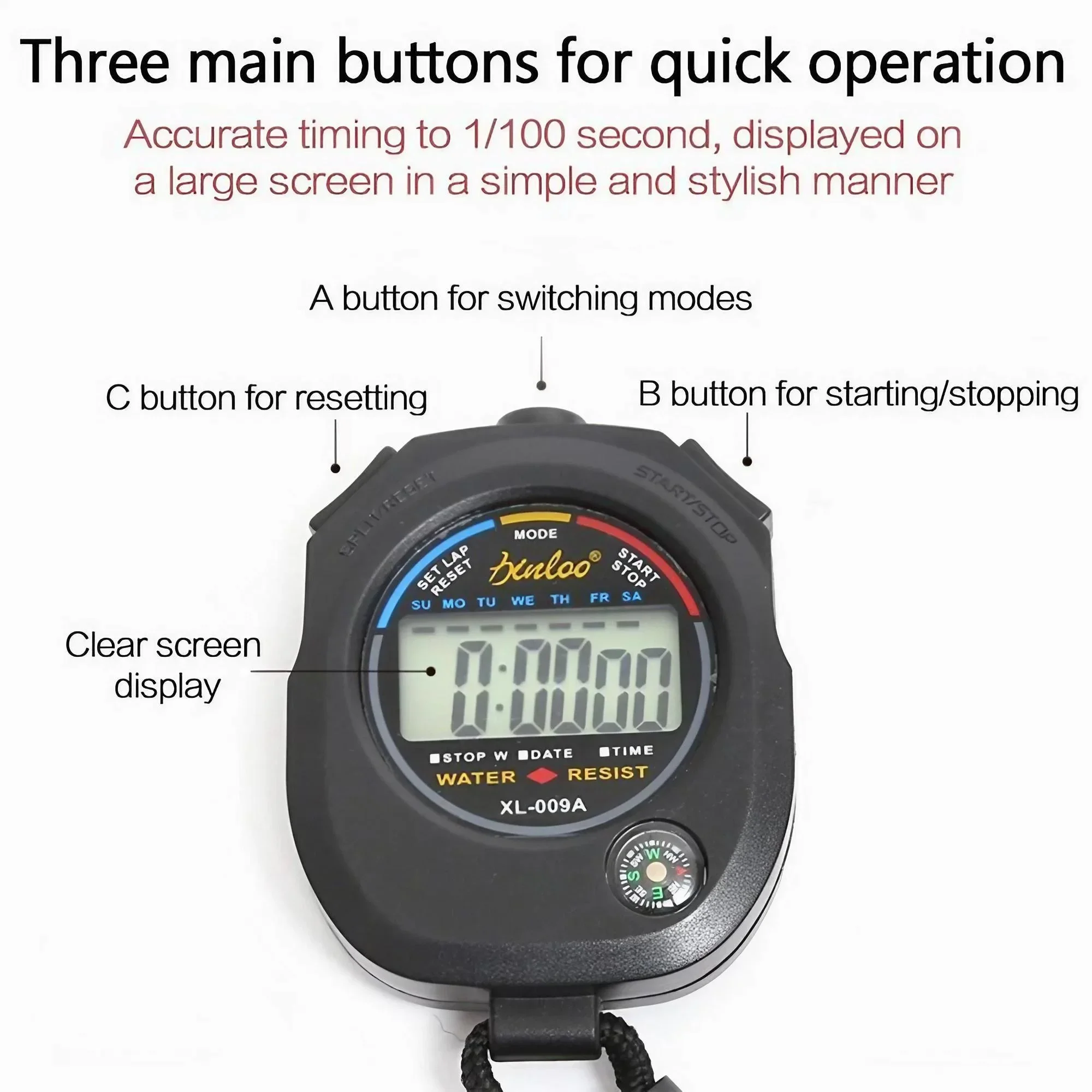 Digital Sports Stopwatch Timer with Large Display Date Time Alarm Function for Coaches Multi-Function Tool