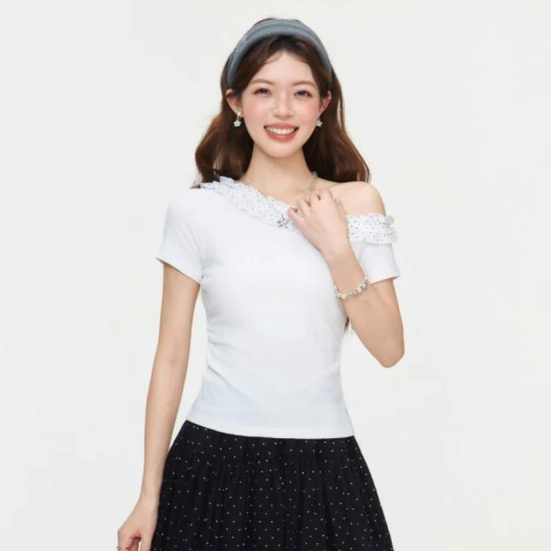 

White Sweet Polka Dot One Neck Short Sleeved T-Shirt for Women In 2026 Summer with Texture Pattern Slim Fit Short Top