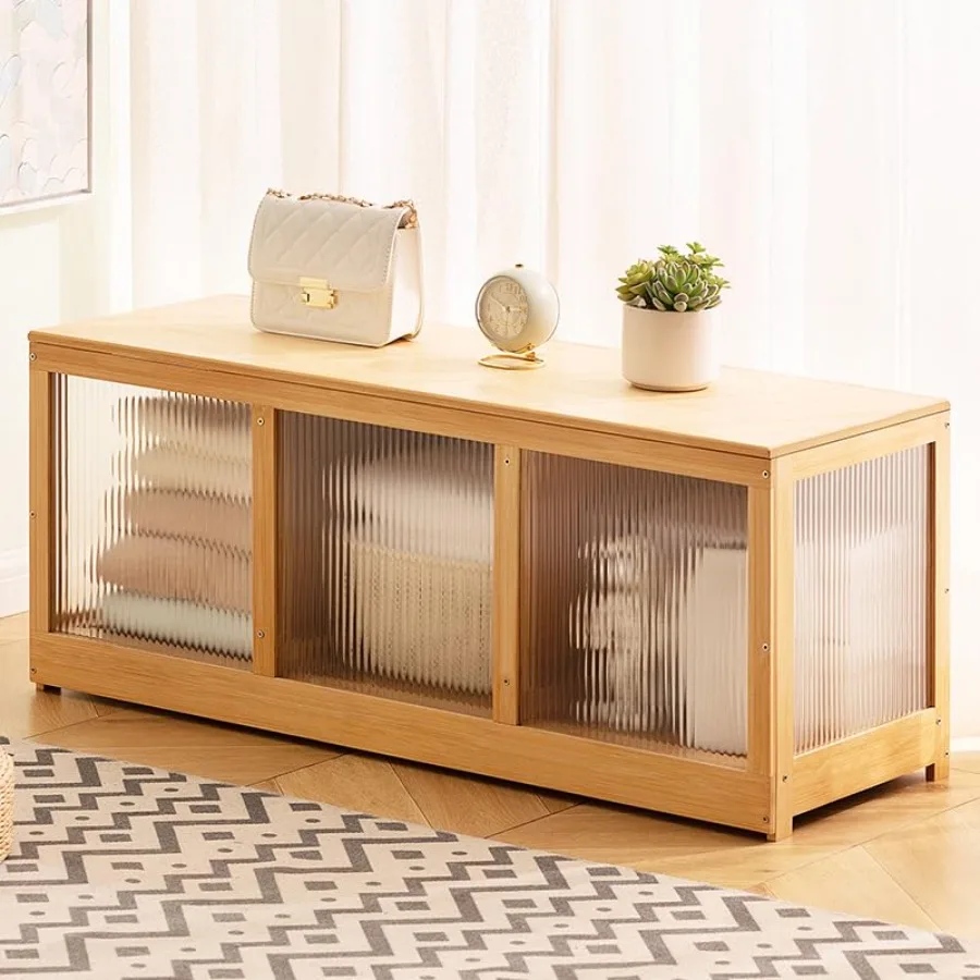 

Storage Chest, Bamboo Storage Bench, Large Storage Trunk with 3 Safety Hinges, Entryway Acrylic Panel Shoe Bench for Bedroom, L