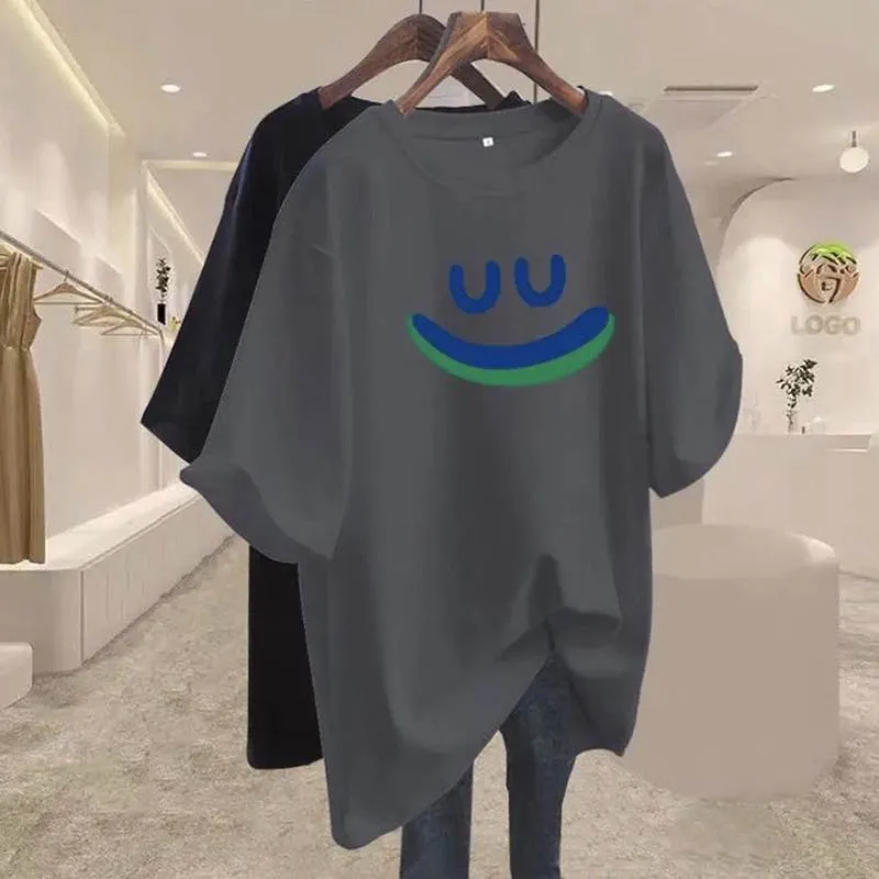 Women's Clothing Vintage All-match Smiling Face Print T-shirts Summer Casual Loose Pure Cotton Short Sleeve Top Tee Y2k Pullover