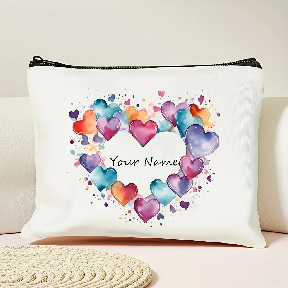 Custom Name Colorful Heart Makeup Bag, Durable Spacious Travel Cosmetic Pouch, Lightweight Foldable Washable Organizer
