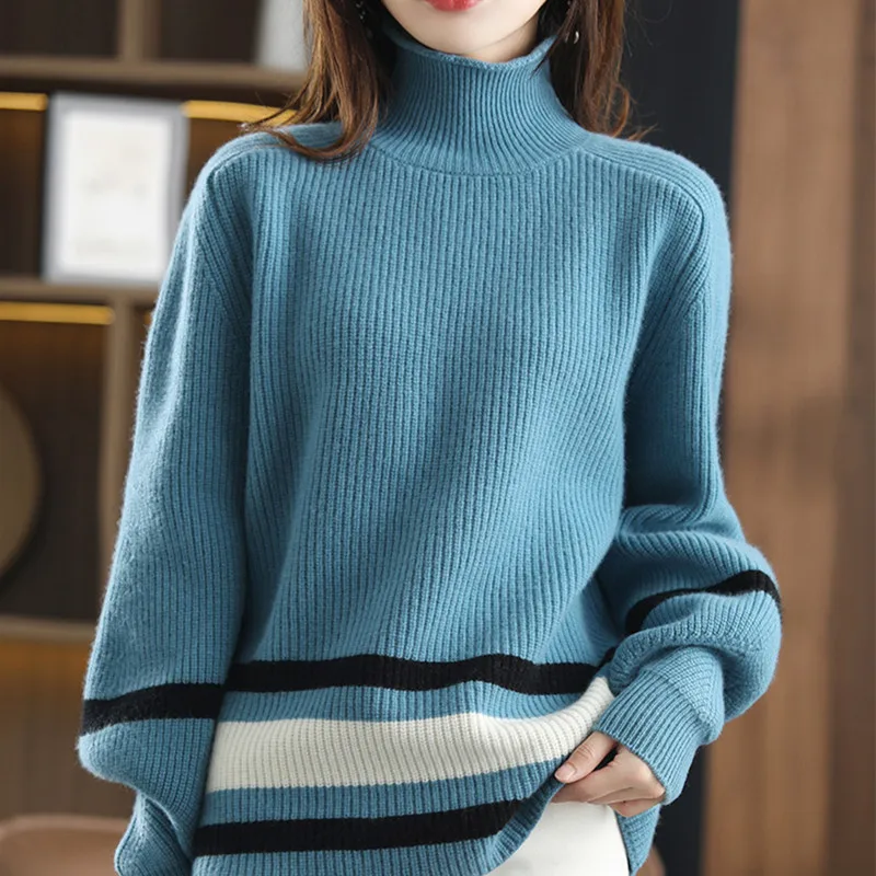 

Female Korean Harajuku Clothing For Women Loose Wild Striped Sweater Jumper 100% Wool Women's Sweaters Large Size Pullover Grey