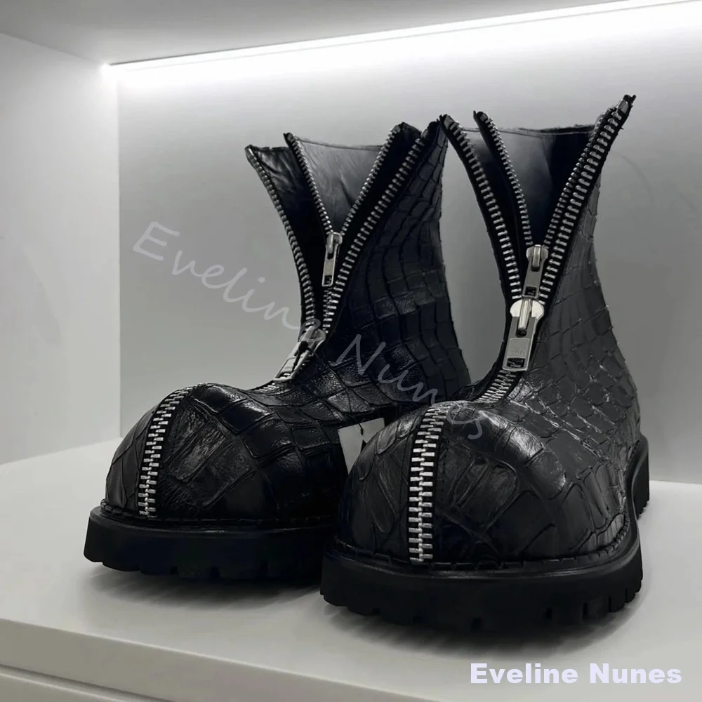 Handcrafted Crocodile Patterned Platform Ankle Boots Men Genuine Leather Front Zip Gothic Motorcycle Boots Unisex Combat Boots