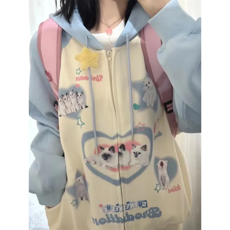 American Retro Cat Print Hoodie Autumn Winter New Kawaii Color Contrast Top Oversized Loose Youthful Women's Casual Clothing