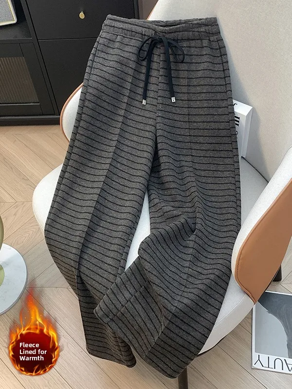 캐주얼 두꺼운 울 와이드 레그 팬츠 여성용 겨울 신상 드로스트링 스트라이프 루즈 슬림 캐주얼 바지