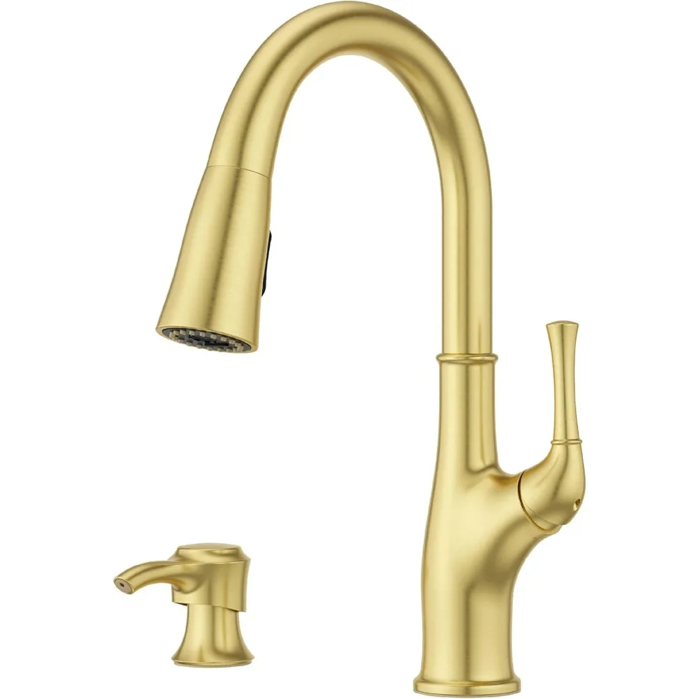 

Single Handle Pfister Alderwood Kitchen Faucet with Pull-Down Spray and Soap Dispenser, NSF Certified, Brushed Gold