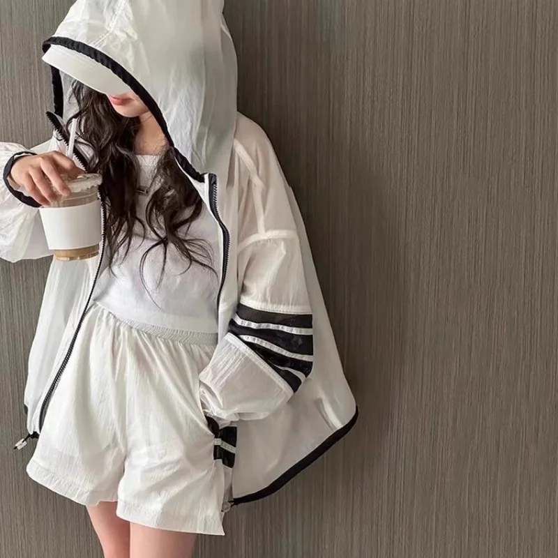 Hot Summer Girls Track Jacket Shorts Sets Outdoor Sun-Blocking Hooded Shirt Children Clothing Sets Kids Girls Windbreaker Outfit 2