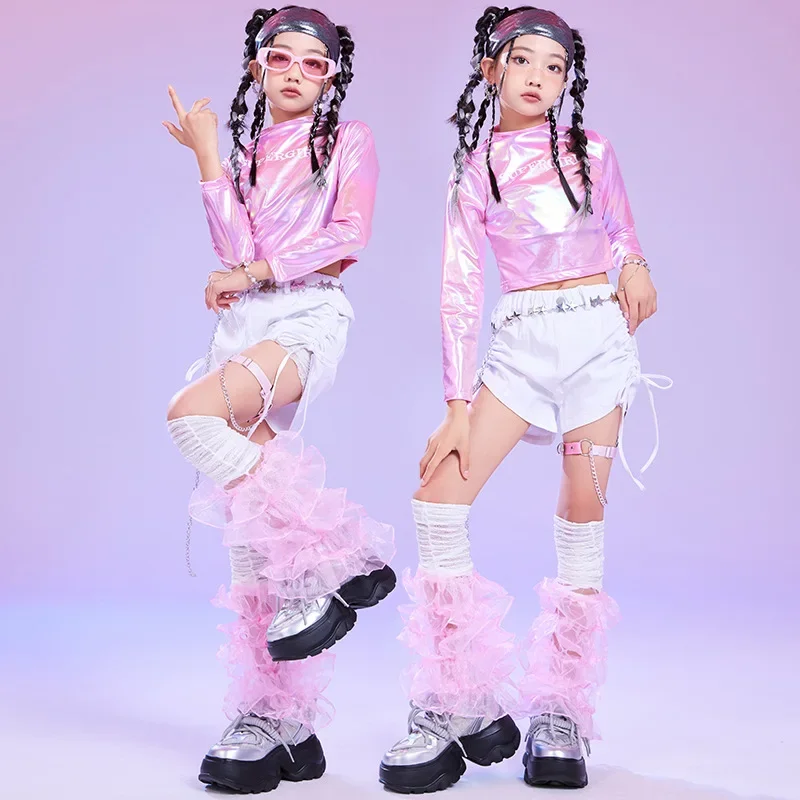Kinder Kpop Bühnenoutfits Laser Top Silber Hosen für Mädchen Jazz Dance Kostüme Kinder Coole Hip Hop Kleidung Street Wear