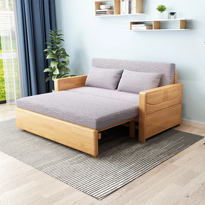 

Solid wood foldable sofa bed dual-purpose living room multi-functional retractable sitting and sleeping single bed removable dou