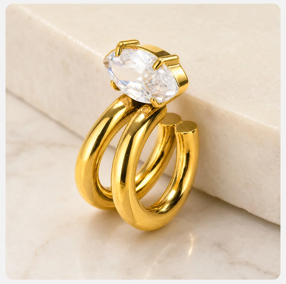 Vnox 18K Gold PVD-beschichteter AAA Zirkon Doppelschicht-Clip-Ohrring für Damen, Edelstahl, glänzende Kristall-Ohrringe, Partyschmuck – Detail 5